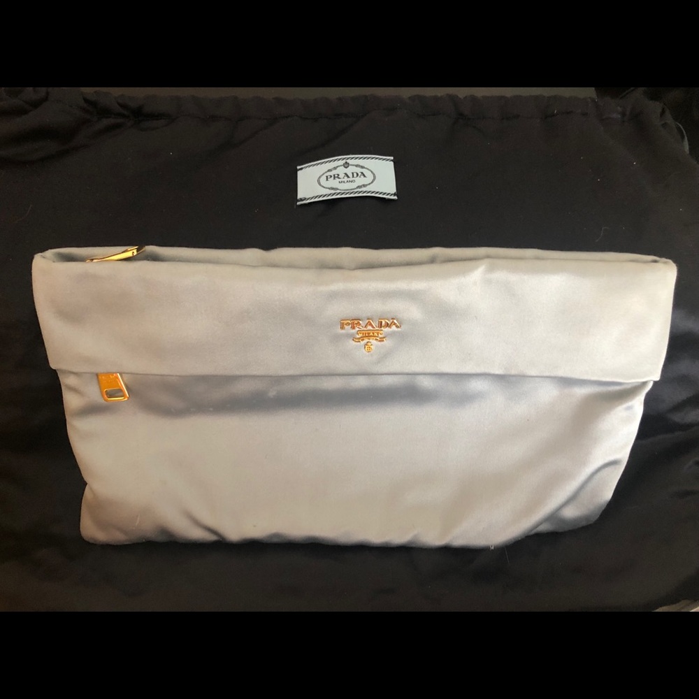 Prada baby blue satin clutch with gold hardware